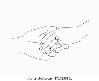 man putting engagement  ring on woman hand, outdoor. marriage proposal. Graphic vector illustration. Line art, Sketch. Wedding ring. Hand draw vector illustration