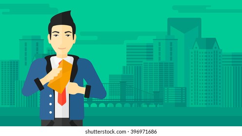 Man putting envelope in pocket.