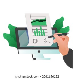 Man Putting Esignature Into Legal Document. Digital Signature Concept. Businessman Signing An Agreement Or Contract Online. Colorful Vector Illustration In Flat Cartoon Style