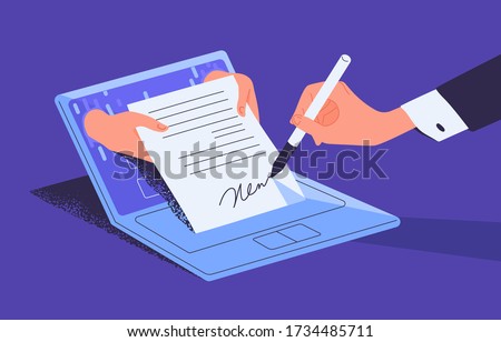 Man putting esignature into legal document. Digital signature concept. Businessman signing an agreement or contract online. Colorful vector illustration in flat cartoon style