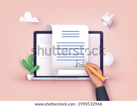 Man putting esignature into legal document. Digital signature concept. Businessman signing an agreement or contract online. 3D Web Vector Illustrations.