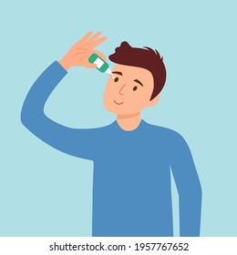 Man putting eye drops for dry eye or sore eye treatment in flat design. Guy applying contact lenses daily solution.