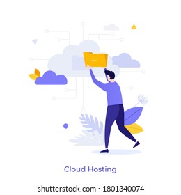 Man putting floder on cloud. Concept of internet hosting, online service for file management and digital information storage, web database. Modern flat colorful vector illustration for banner, poster.