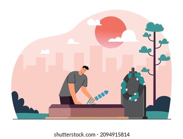 Man putting flower on cemetery grave with grief and sorrow. Male character visiting graveyard flat vector illustration. Death, family loss concept for banner, website design or landing web page
