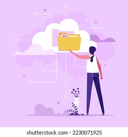 Man putting folder on cloud. Concept of internet hosting, online service for file management and digital information storage, web database, flat vector illustration