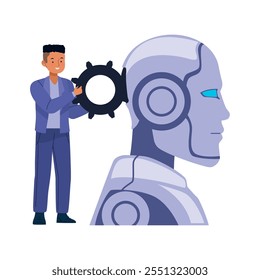 man putting gear into robot head isolated