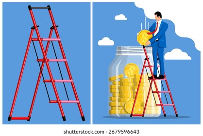 Hombre que pone la moneda de oro en el tarro de cristal del dinero, de pie en la escalera roja. Concepto de ahorro, inversión y crecimiento financiero.