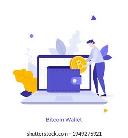 Man putting golden crypto coin into purse on laptop computer. Concept of personal Bitcoin wallet for cryptocurrency storing, digital currency balance. Modern flat vector illustration for banner.