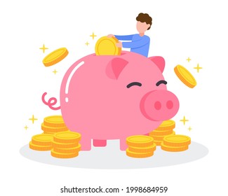 Man putting golden money coin into piggy bank with stack of coins. Creative financial concept of savings or investment. Simple trendy cute cartoon vector illustration. Flat style graphic design icon.