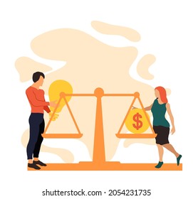 man putting her creative ideas on a dish of a scale and investor woman adding cash money on the other dish: selling ideas, patents and investments concept