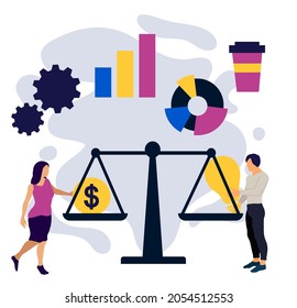 man putting her creative ideas on a dish of a scale and investor woman adding cash money on the other dish: selling ideas, patents and investments concept