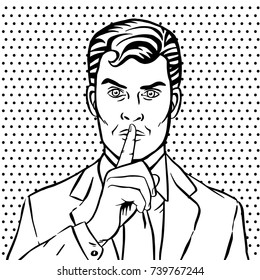 Man putting her forefinger to her lips for quiet silence. Making silence gesture shhh. Pop art comics style. Black and white vector illustration 