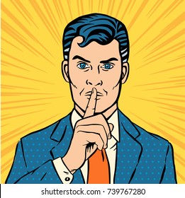 Man putting her forefinger to her lips for quiet silence. Making silence gesture shhh. Pop art comics style. Vector illustration yellow background