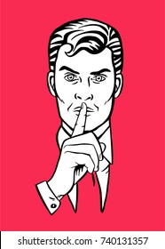 Man putting her forefinger to her lips for quiet silence. Making silence gesture shhh. Pop art comics style. Vector illustration red background