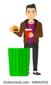 A man putting junk food into a trash bin vector flat design illustration isolated on white background. Vertical layout.