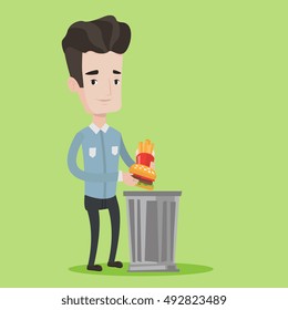 Man putting junk food into a trash bin. Man refusing to eat junk food. Man rejecting fast food. Man throwing hamburger and french fries. Diet concept. Vector flat design illustration. Square layout.