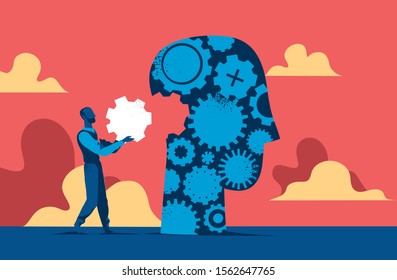 Man putting last piece of human head mechanism. Vector illustration 