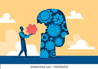 Man putting last piece of human head mechanism. Vector illustration