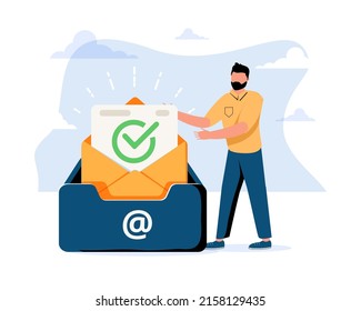 Man putting letter or mail into box. Concept of business project inbox, mailbox, email, electronic address for communication or correspondence. Modern flat colorful vector illustration for banner.