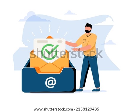 Man putting letter or mail into box. Concept of business project inbox, mailbox, email, electronic address for communication or correspondence. Modern flat colorful vector illustration for banner.