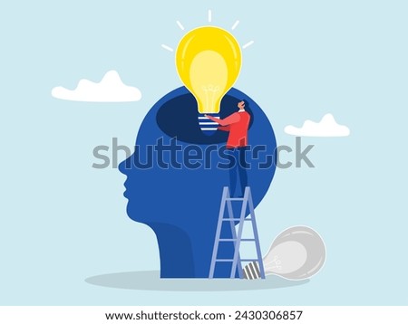 man putting light bulb ideas on head to upgrade working skill, abstract human head filled with light bulbs as ideas, creativity and idea concept vector