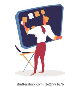 Man putting memos on board for productivity increasing vector. Director of company with table and stickers. Time management and organization of workflow. Seminar presentation of schedule flat style