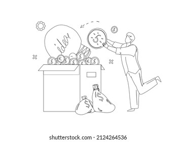 Man putting money into box with idea line vector illustration. Business investment, crowd donation, finance idea investor funding, contribute venture project concept
