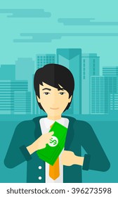 Man putting money in pocket.