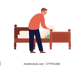 Man putting money under mattress vector flat illustration. Male trying saving income no trust financial institutions and banks isolated on white. Thrifty guy save cash at home