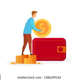 Man Putting Money in Wallet Vector Illustration. Faceless Guy Holding Golden Coin Cartoon Character. Savings Investment Economic Literacy. Personal Fund Budget and Growth. Bank Deposit Metaphor