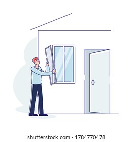 Man putting mosquito net on window to protect home from insects outdoors. House protection from summer insect concept. Cartoon linear vector illustration