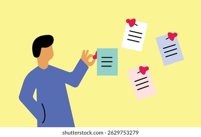 Man putting notes in wall illustration