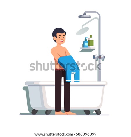 Man putting off his shirt before bathing. Teen getting dressed after taking a shower. Home bathroom with bath tub, stainless tap, showerhead. Flat cartoon vector illustration isolated on white.