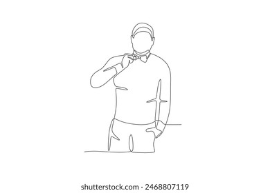 Man putting on a bow tie in the morning. Getting ready in the morning concept one-line drawing