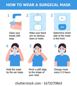 Man is putting on mask to prevent virus. Illustration of steps, how to wear surgical mask. Instruction vector of washing hands. Prevention of corona-virus.