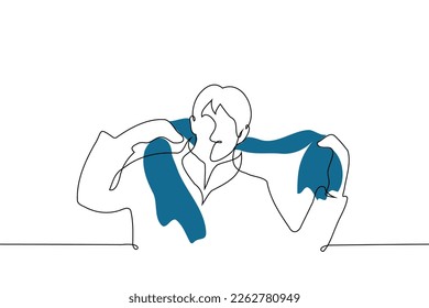 hombre poniéndose una bufanda - un vector de dibujo de una línea. el concepto de estilo masculino en la época fría