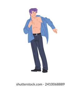 Man putting on shirt, changing clothes. Young guy getting dressed and pull on garment. Male character prepare to go out. Flat isolated vector illustration.