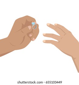 Man putting on woman's hand diamond ring with blue shiny stone. Vector illustration of wedding or betrothal isolated on white.