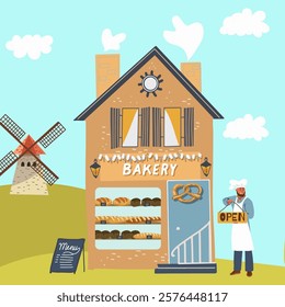 Man putting an Open sign at the door of Bakery business. Hand drawn vector art.