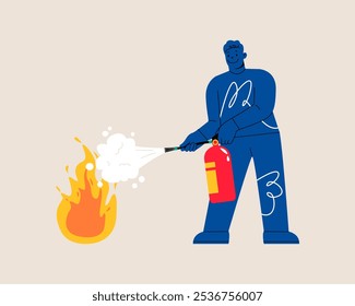 Man putting out fire. Safety concept. Colorful vector illustration 
