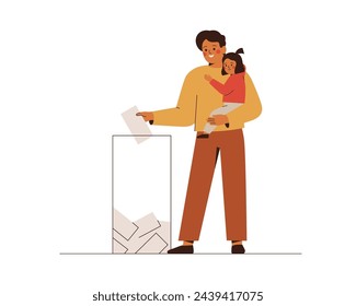 Man is putting paper ballot in box. Man came with daughter to poll place and making choice. Voting and Election concept. Pre-election campaign. Vector illustration