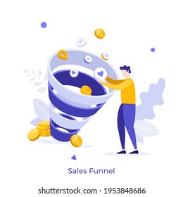 Man putting pictograms into whirpool and dollar coins. Concept of social media sales funnel, SMM, marketing strategy to attract customers. Modern flat colorful vector illustration for banner, poster.