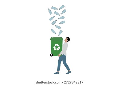 Hombre poniendo botellas de plástico en un contenedor de reciclaje verde para la gestión de residuos.
