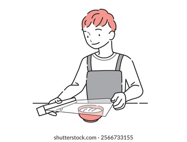 A man putting plastic wrap on dishes