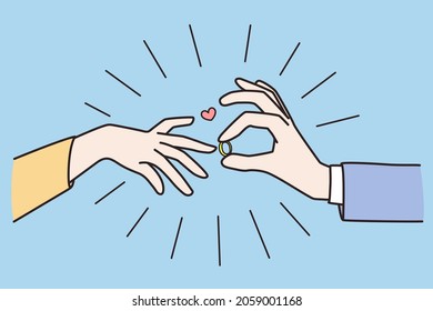 Man putting ring on woman finger, make marriage proposal. Male lover ask female marry. Guy and girl get engaged. Family, wedding, engagement concept. Flat vector illustration, cartoon character. 