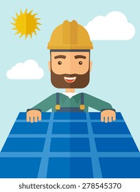 A man putting a solar panel on the roof as a alternative energy system. A Contemporary style with pastel palette, soft blue tinted background with desaturated cloud.  Vector flat design illustration