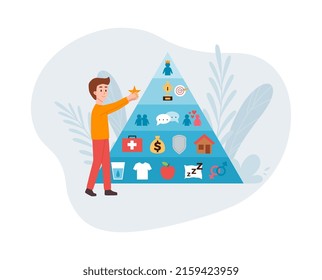 Man Putting A Star On Maslow Pyramid Of Needs, Flat Vector Illustration Isolated On White Background. Basic Human Needs Hierarchy In Shape Of Triangle. Self-actualization And Sociology.