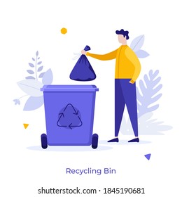Mensch, der Müllbeutel in den Papierkorb oder das Behältnis steckt. Konzept der Abfallbeseitigung und -recycling, Abfallsammlung und -sortierung, wiederverwendbare Materialien. Moderne flache Vektorgrafik für Poster, Banner.