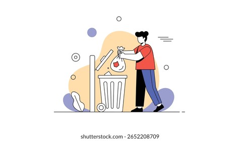 Man putting trash bag into a garbage can outside on a sunny day with minimalist abstract shapes