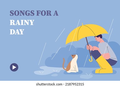 A man is putting an umbrella on a cat on the road on a rainy day. Cute and emotional concept. flat design style vector illustration.